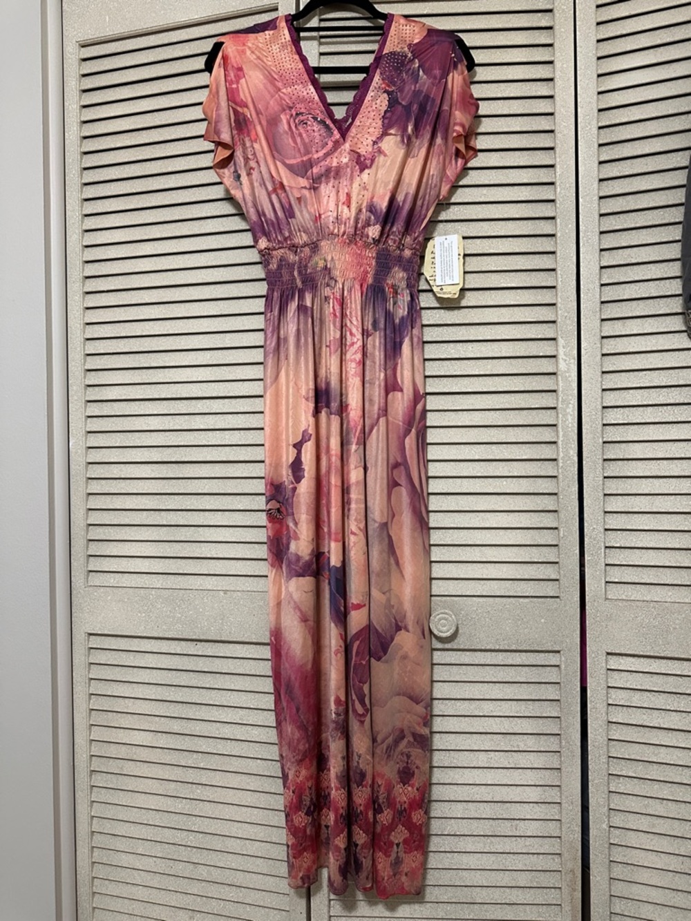 ONE WORLD Pink and Purple Floral Maxi Dress with Studded V-Neck - Picture 5 of 8